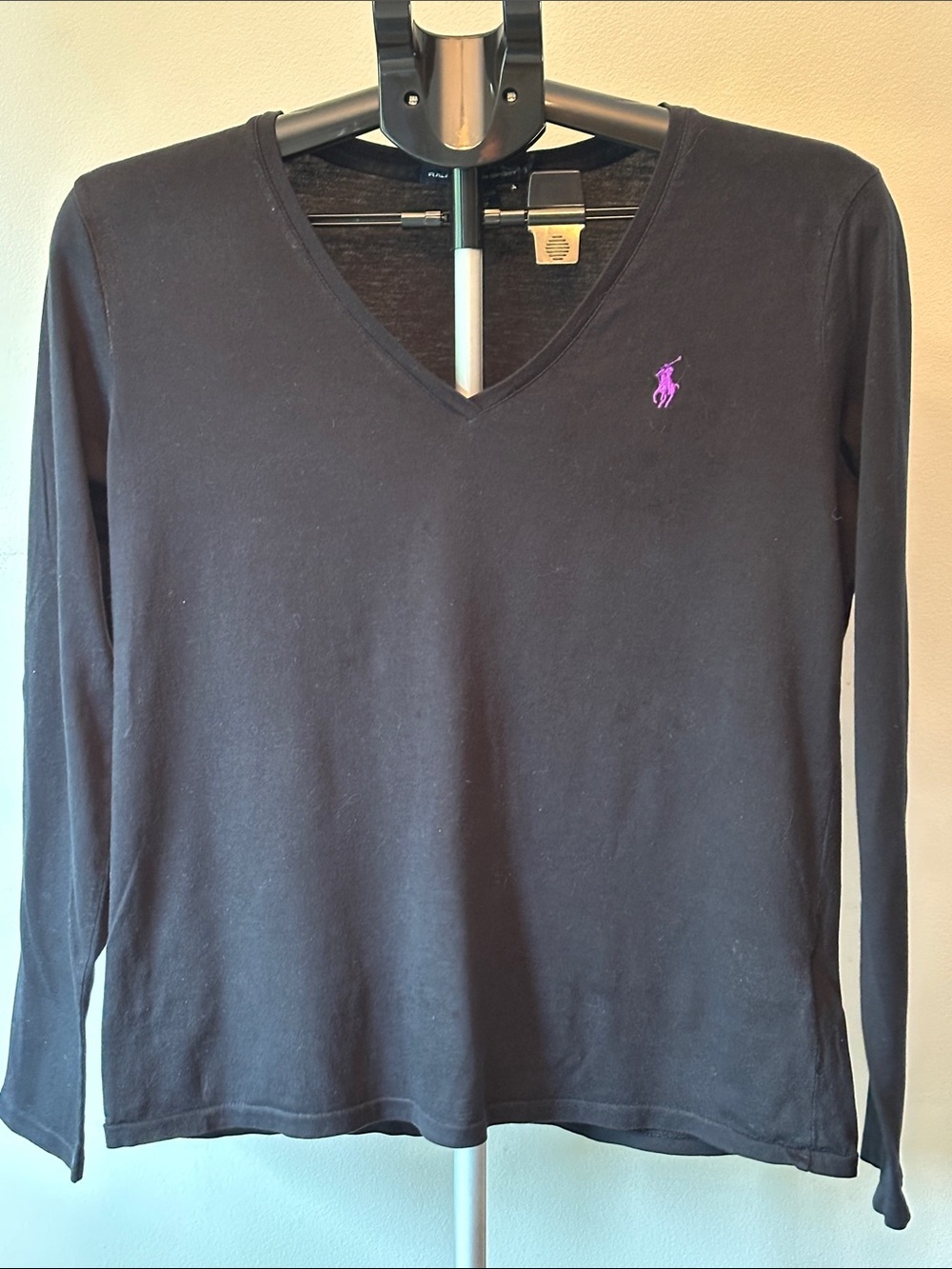 Ralph Lauren Black V-Neck Long Sleeve Top w/Purple Pony Logo, 100% Pima Cotton